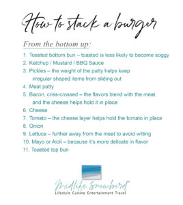 stack a burger from the bottom up, how to stack a cheeseburger, how to stack a steak burger